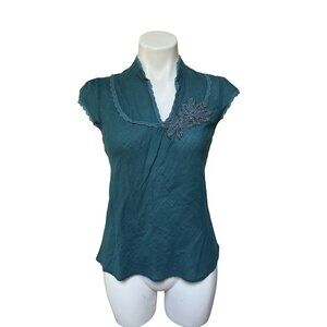 Vintage 90s Y2K Teal Cap Sleeve Slim Fit Feminine Blouse With Lace Accents